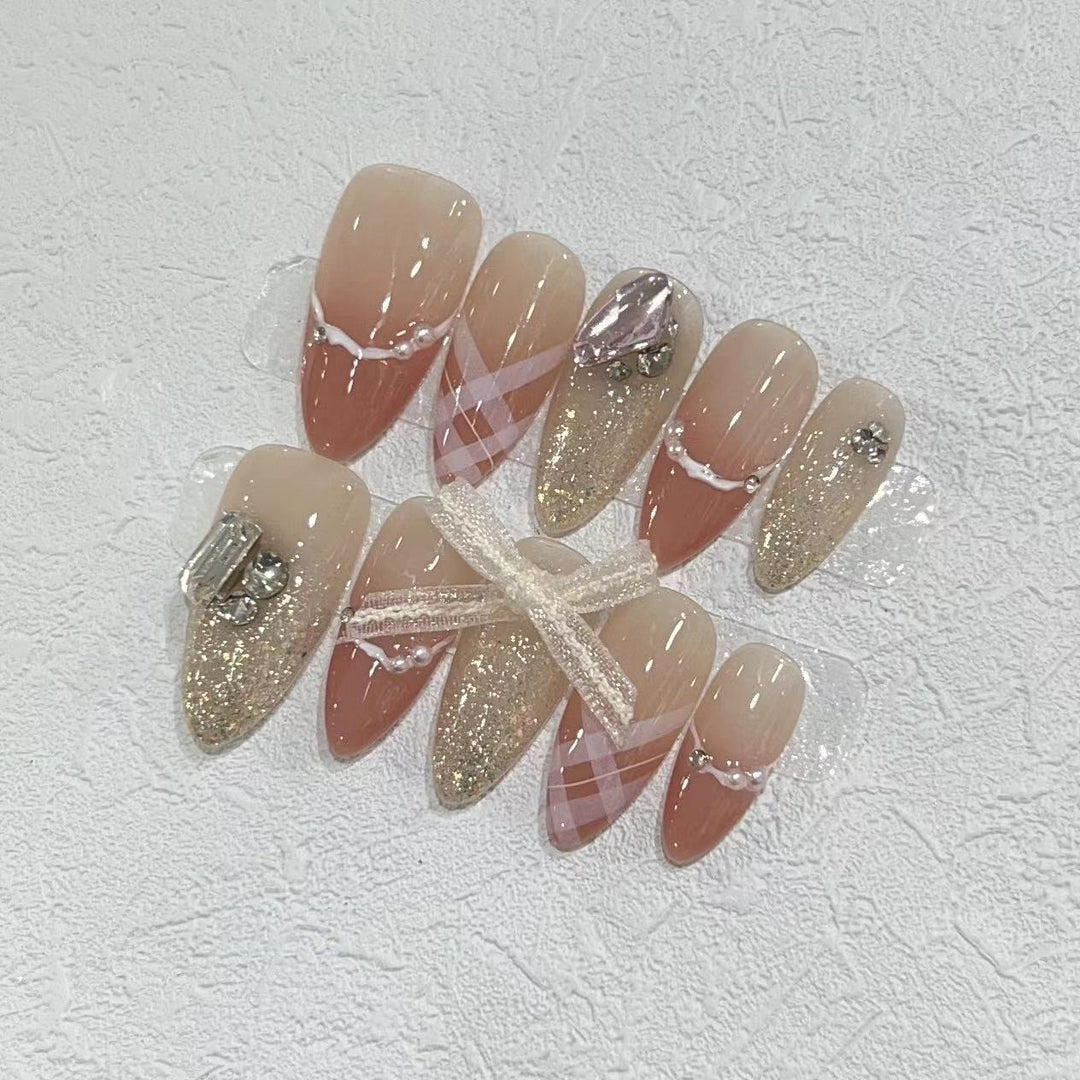 Decorative Stiletto Press-On Nail Art Set with Rhinestone and Glitter Accents Bowlift