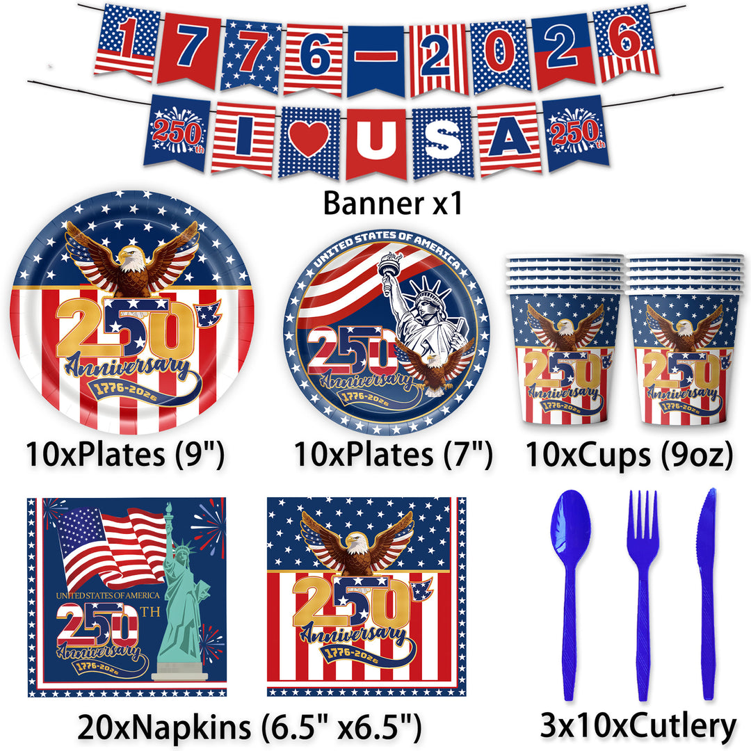Unisex nan Patriotic Anniversary Disposable Tableware Party Kit with Stars Stripes Plates Cups Napkins Cutlery Banner Bowlift