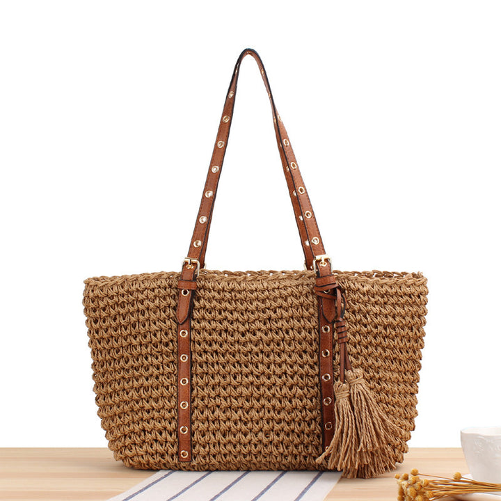 Large Braided Beach Bag with Elegant Contrast Handles Bowlift
