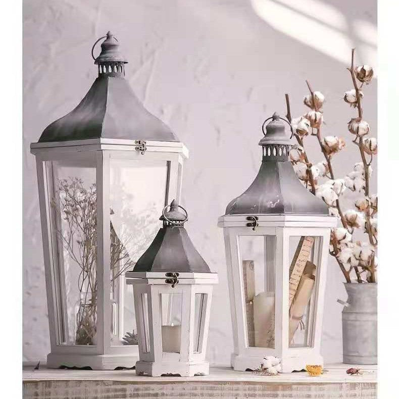 Rustic Weathered Wood and Metal Indoor Outdoor Candle Lantern Set Bowlift