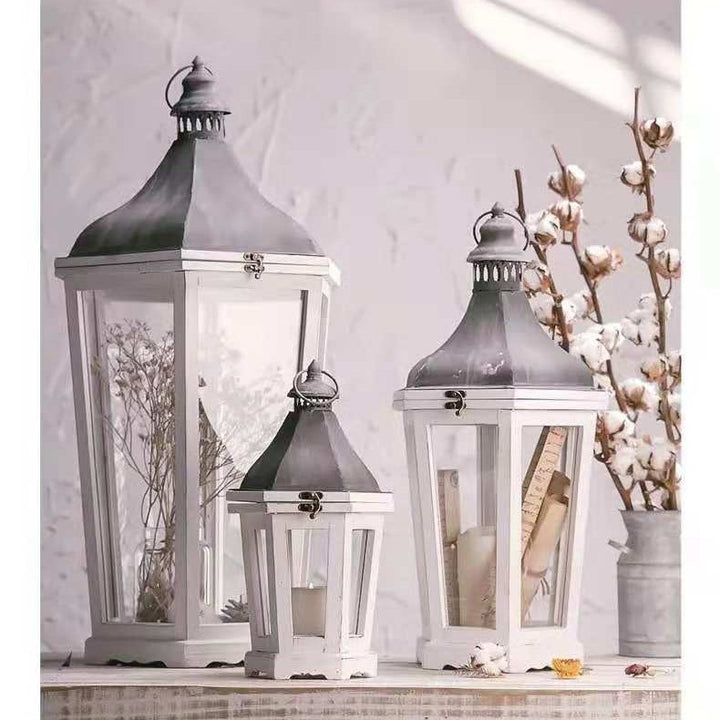 Rustic Weathered Wood and Metal Indoor Outdoor Candle Lantern Set Bowlift