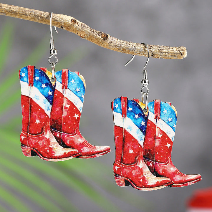 Ladies nan cowboy boots earrings with flag pattern made of lightweight wood Bowlift