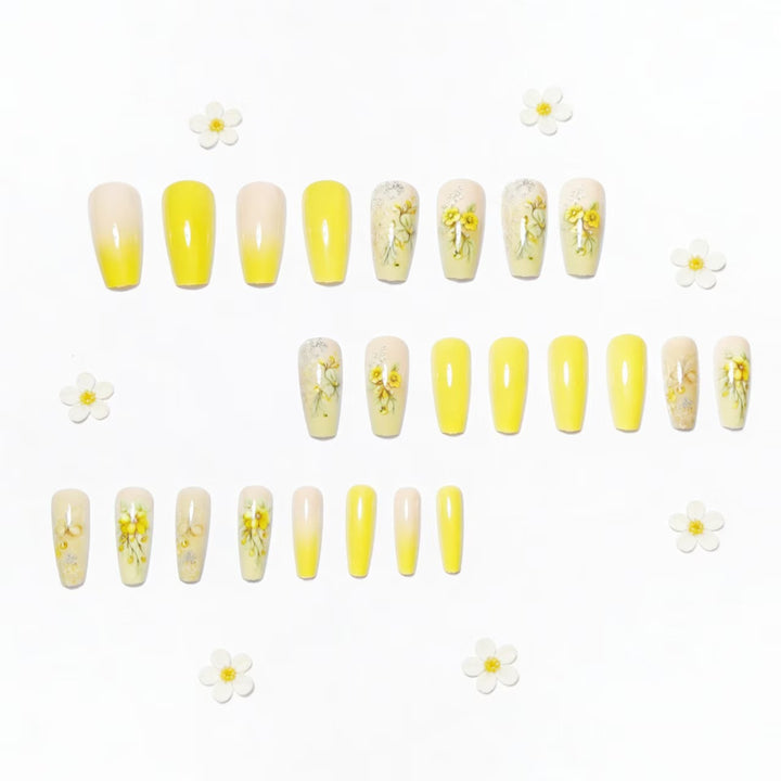 Artificial nails with floral embellishments and glitter Bowlift