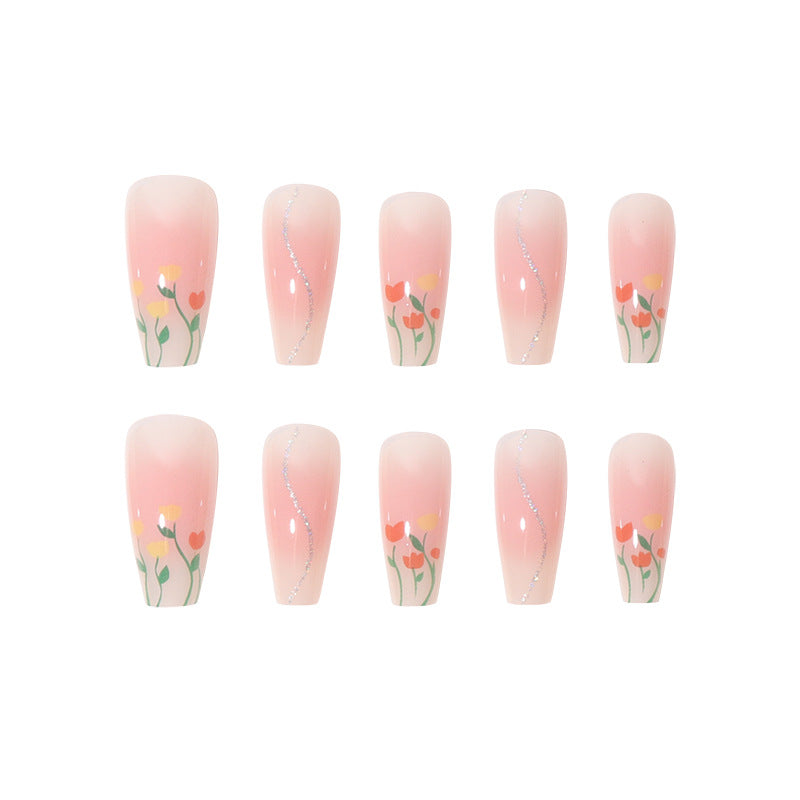 Floral-Designed Long Press-On Nails Bowlift