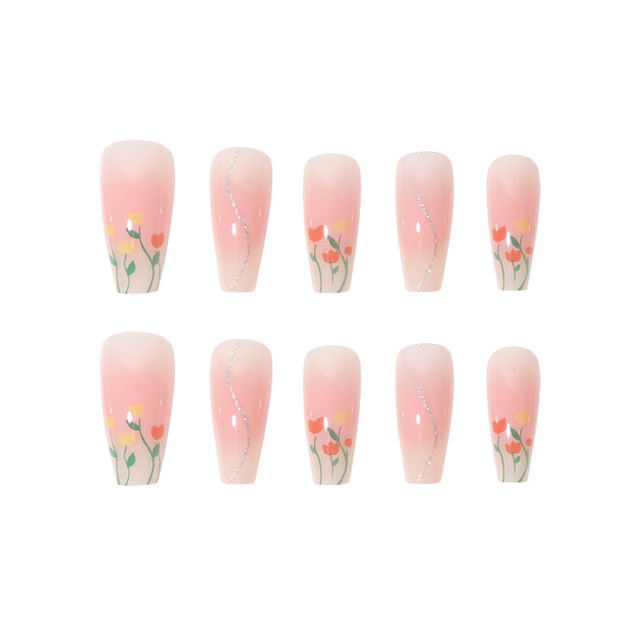 Floral-Designed Long Press-On Nails Bowlift