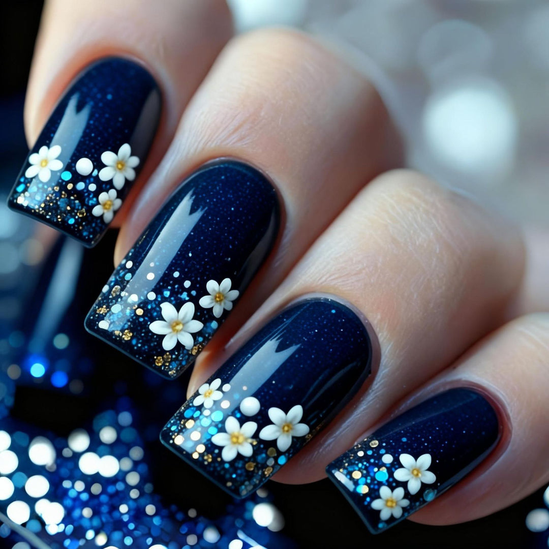 Acrylic nail set with elegant flower design and glitter accents Bowlift