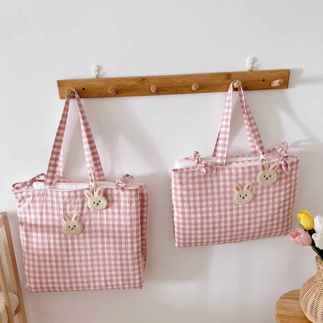 Hanging Nursery Storage Organizer Bags with Gingham Pattern and Bunny Appliqué Wall Pockets