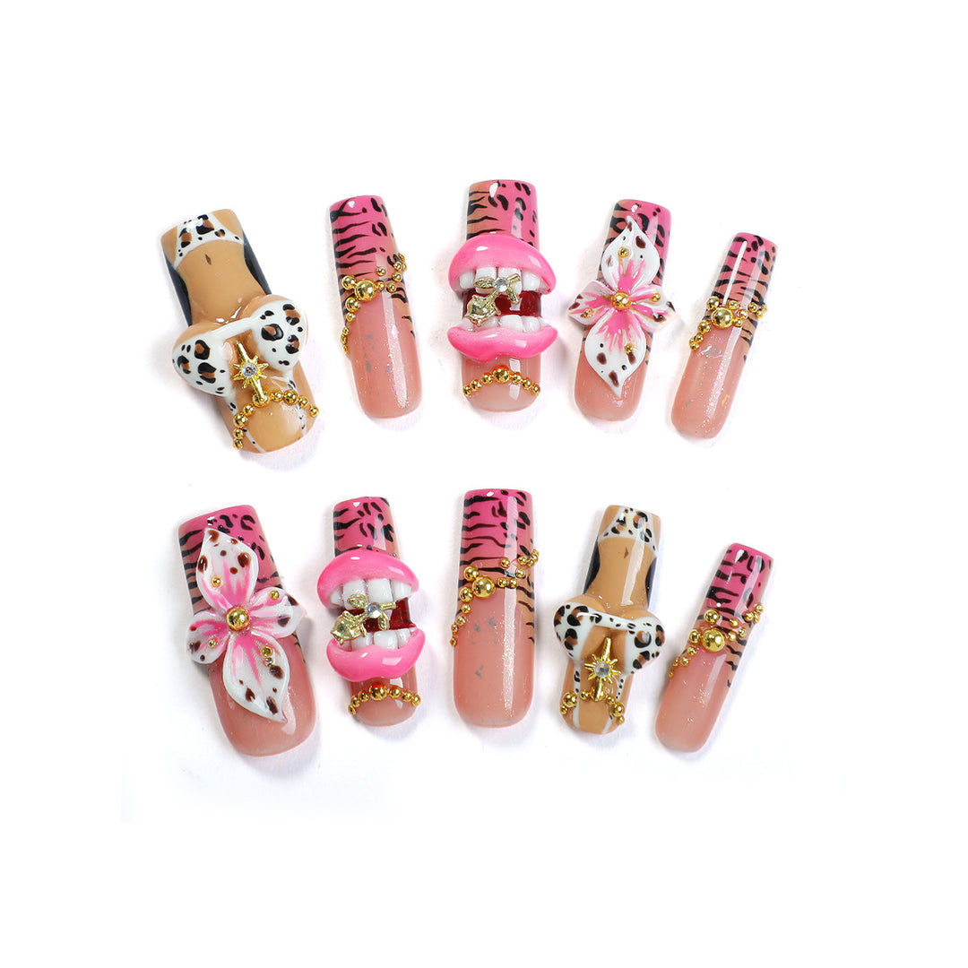Creative nail set with elegant animal and floral pattern Bowlift