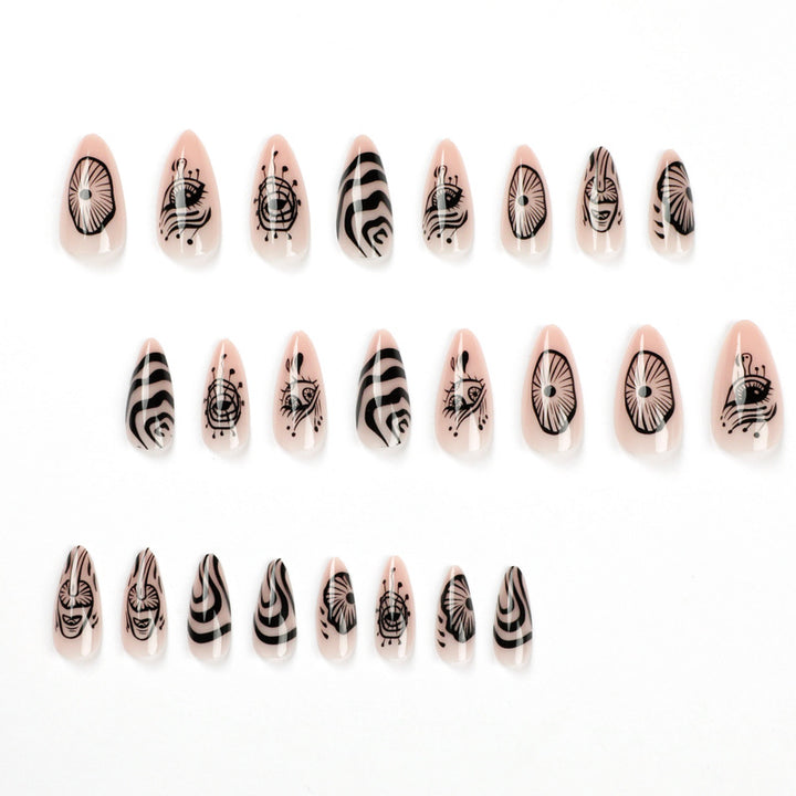 Artistic acrylic nails in elegant stiletto design with graphic patterns Bowlift