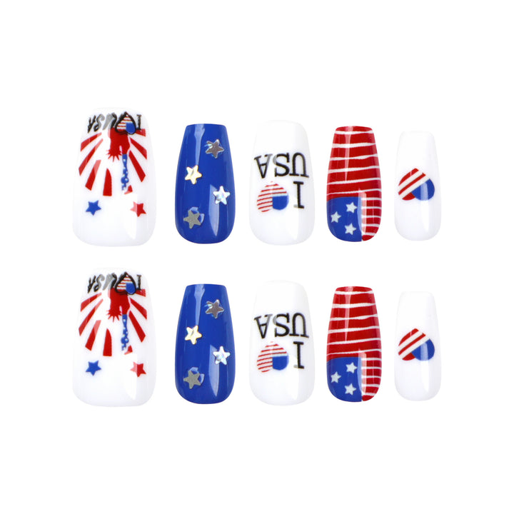 Women's nan long glossy patriotic press-on acrylic nails set with star and flag decals Bowlift