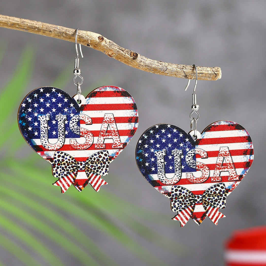 Ladies' lightweight wooden earrings in airplane jet design with patriotic motif and hypoallergenic fish hook Bowlift