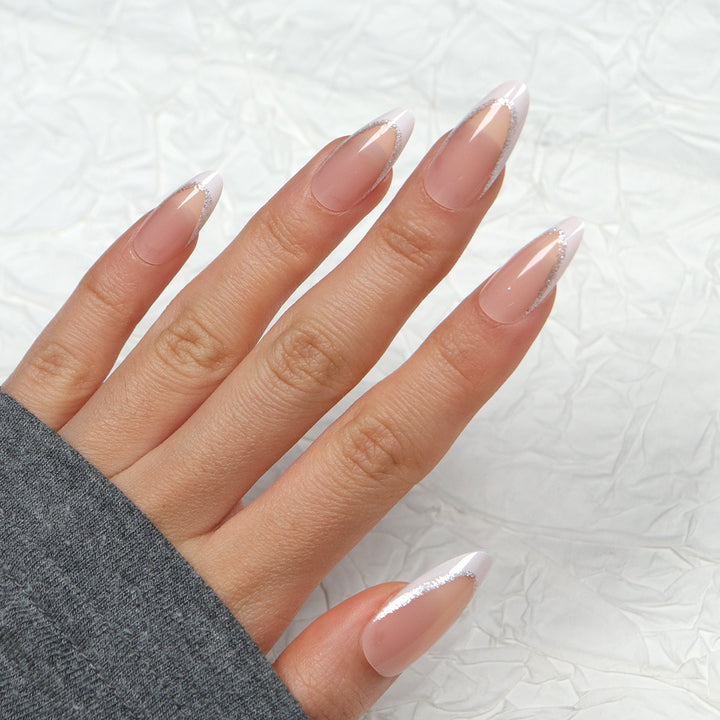 Elegant Stiletto Press-On Nails with Silver Glitter Accents Bowlift
