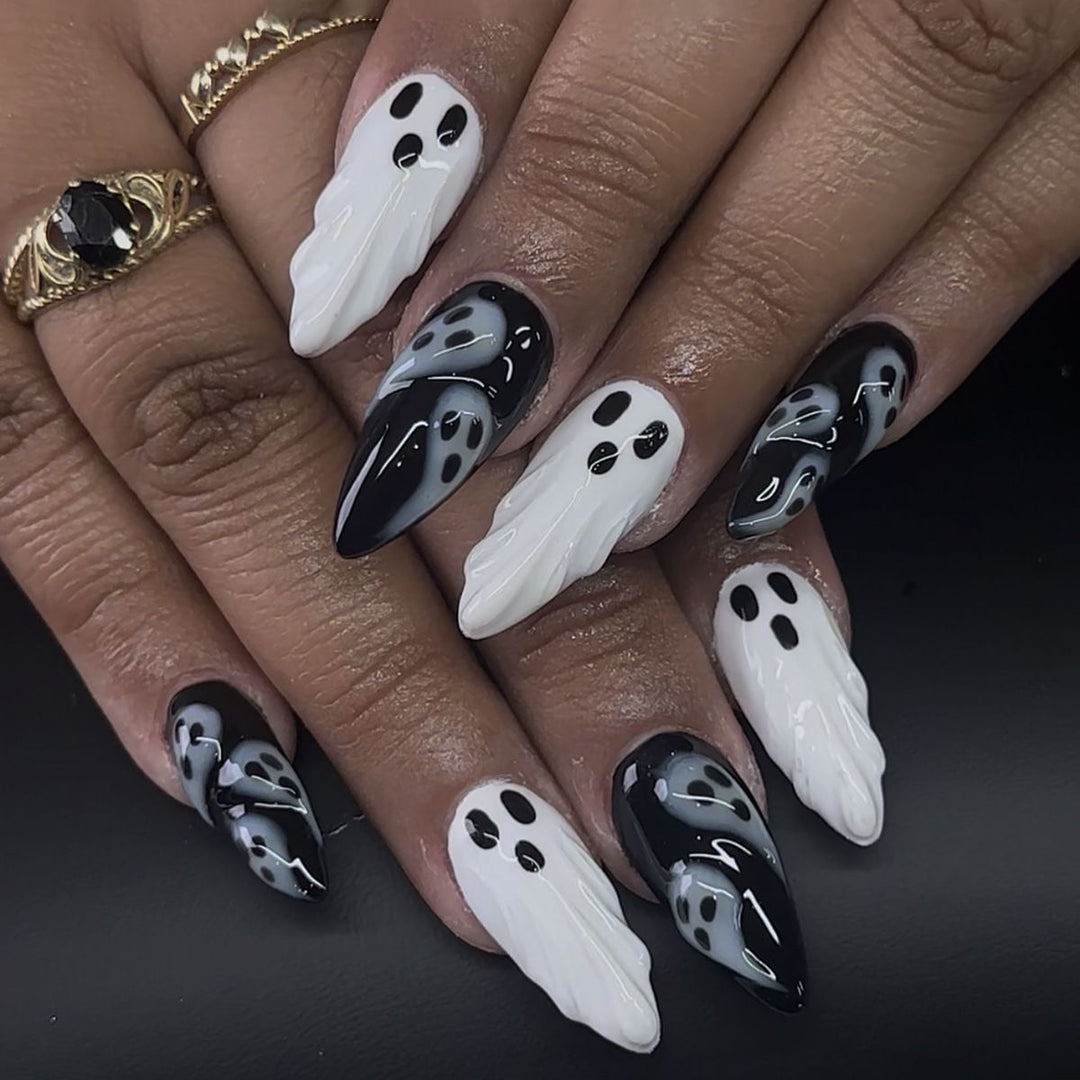 Halloween-Themed Press-On Nail Set with Ghost Designs Bowlift
