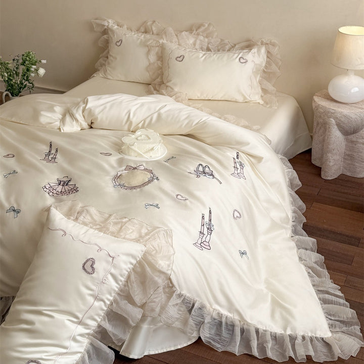 Luxury Ruffled Embroidered Cotton Duvet Cover Set