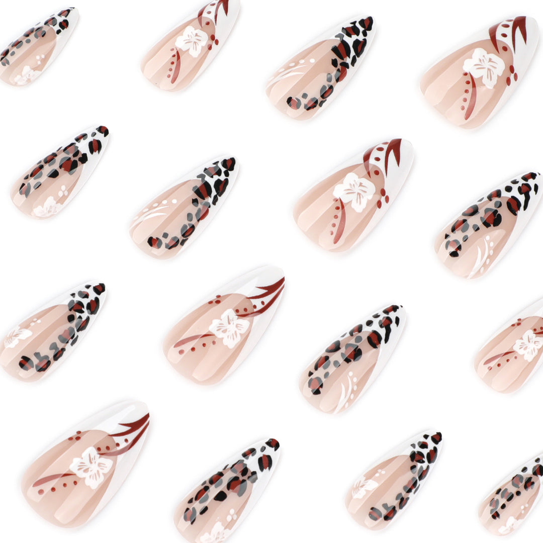 Artistic Stiletto Nails with Flower and Leopard Pattern Bowlift