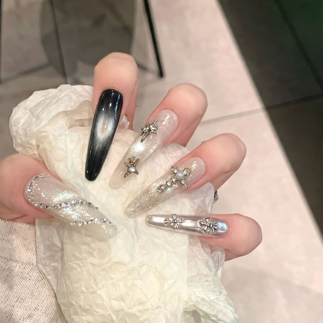 Decorative Stiletto Press-On Nail Set with Starry Accents Bowlift