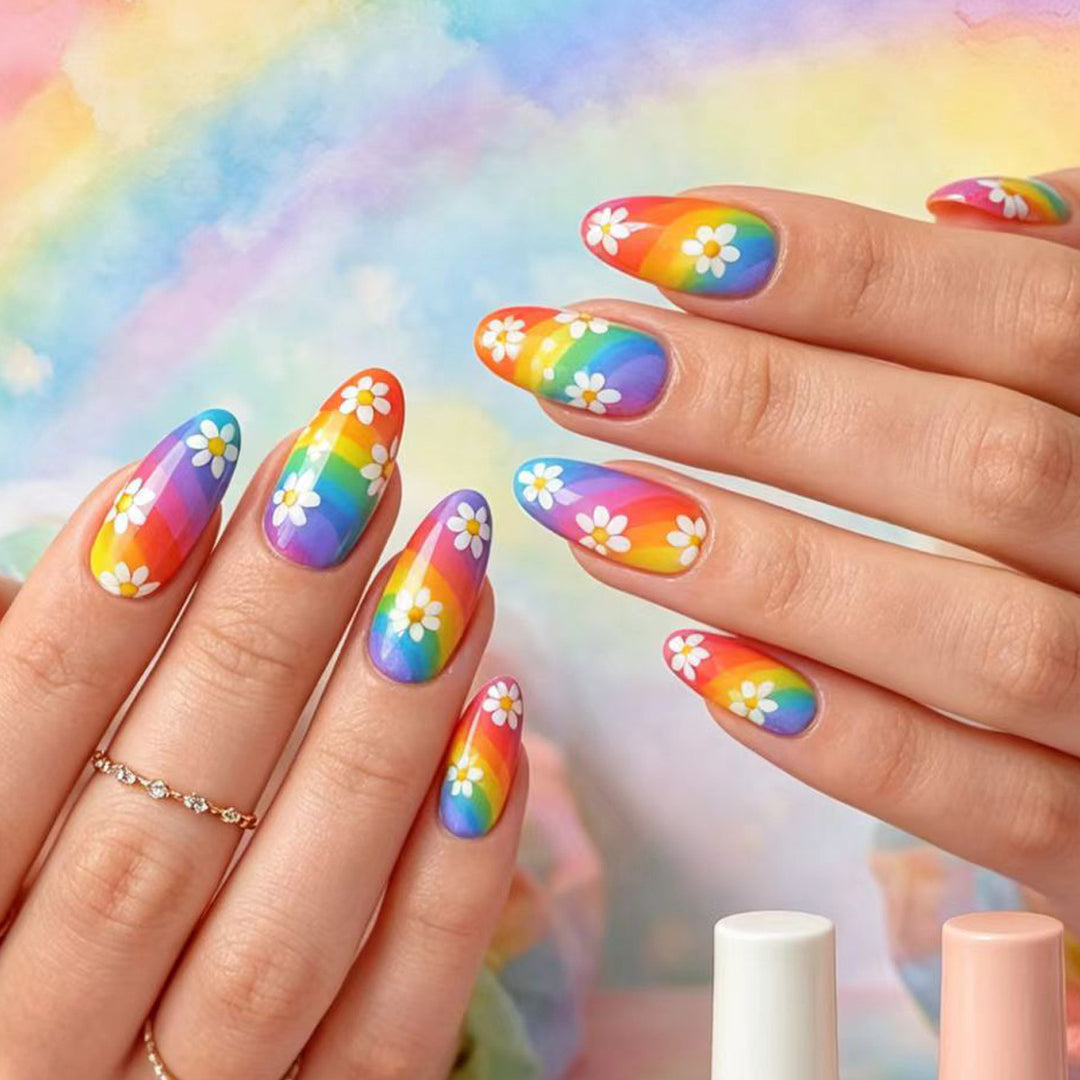 Creative Nail Art with Colorful Rainbow Design and Playful Flower Motifs Bowlift