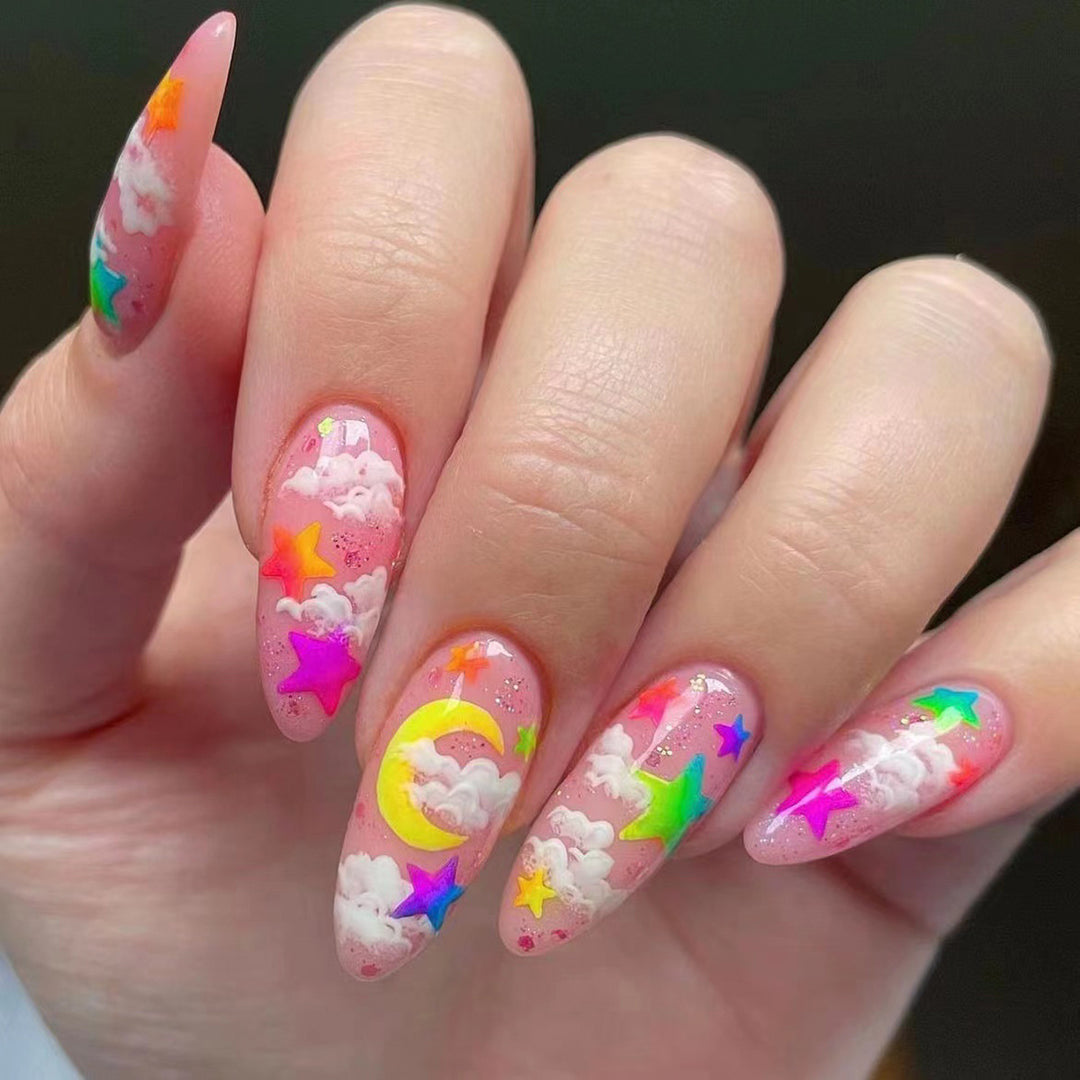 Vibrant Celestial Themed Press-On Nails Bowlift