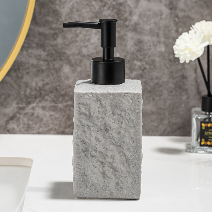 Textured Ceramic Rectangular Soap Dispenser with Matte Pump and Stone-Look Finish Bowlift