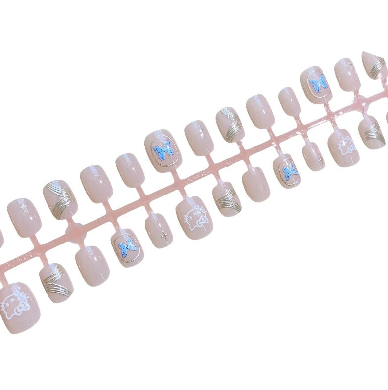 Artistic Press-On Nail Set with Butterfly and Metallic Design Bowlift