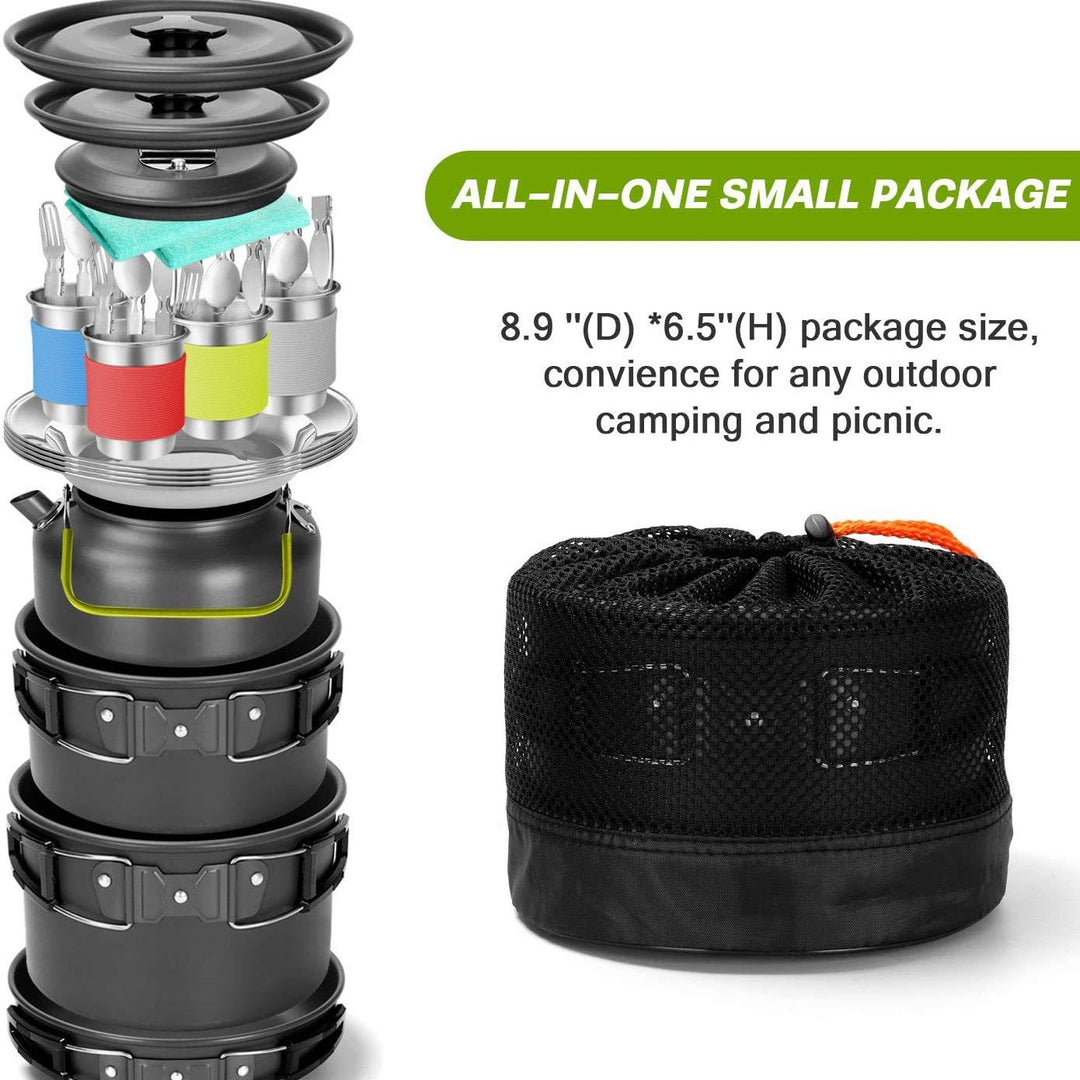 compact nesting anodized aluminum camping cookware kit with kettle nonstick pots frying pan foldable wash basin stainless steel plates cups Bowlift
