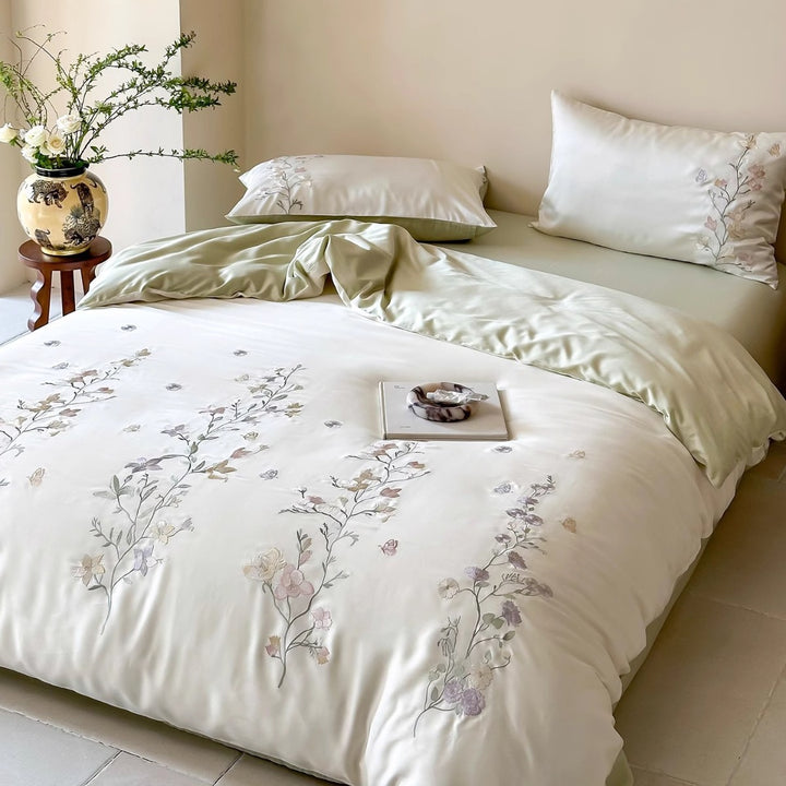 Silk-Effect Botanical Embroidered Duvet Cover Set with Micro-Sateen Backing