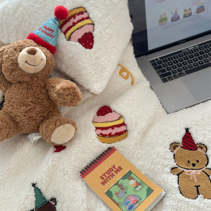 Plush Sherpa Comforter with Embroidered Teddy and Dessert Motifs