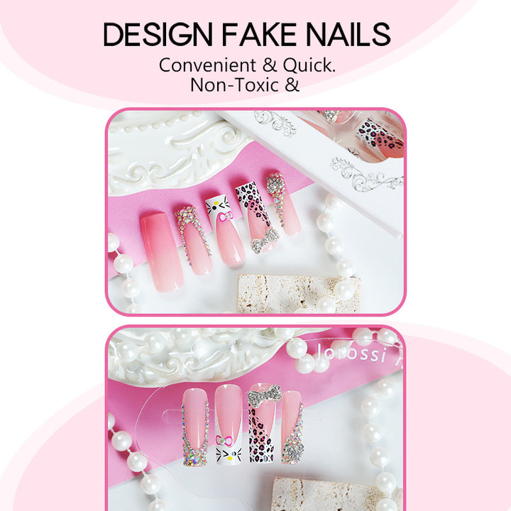 Glamorous artificial nail set with sparkling rhinestone embellishments and creative animal designs Bowlift