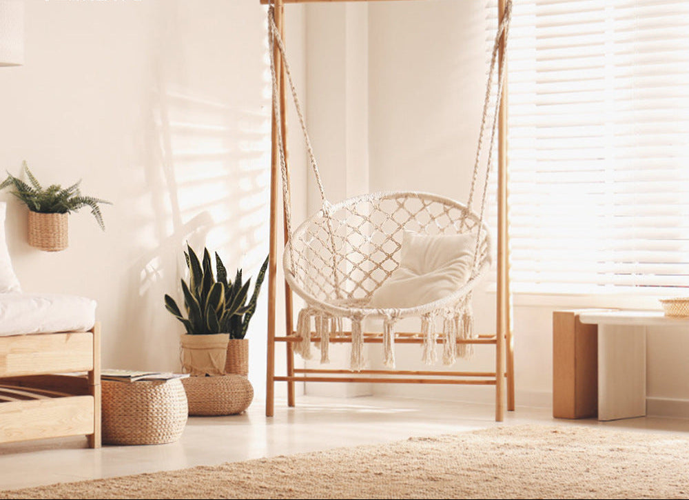 Macrame hanging chair with complete ceiling mounting kit and decorative tassel fringe Bowlift