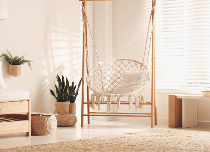 Macrame hanging chair with complete ceiling mounting kit and decorative tassel fringe Bowlift