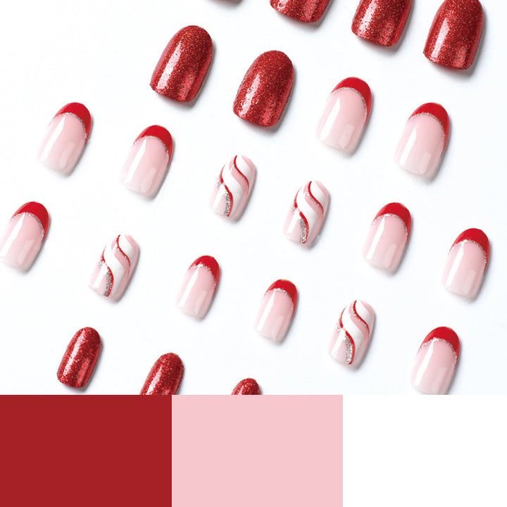 Artful Nail Extensions with Glitter and Wave Pattern Bowlift