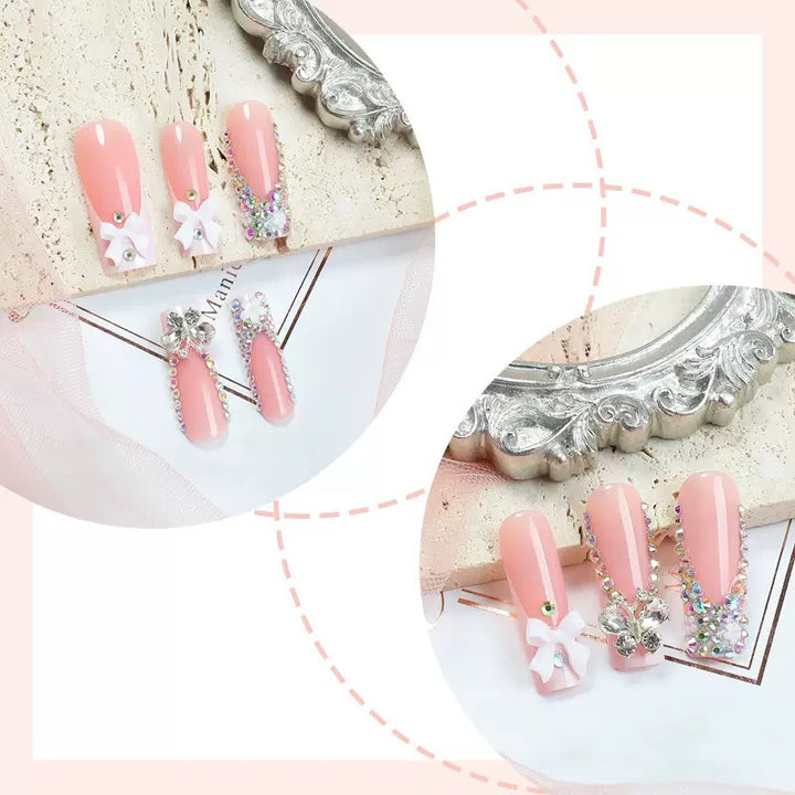 Artificial nail set with shimmering rhinestone decorations and floral design Bowlift