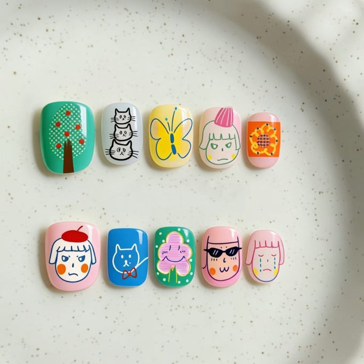 Artistic Cat-Themed Press-On Nail Art Set Bowlift