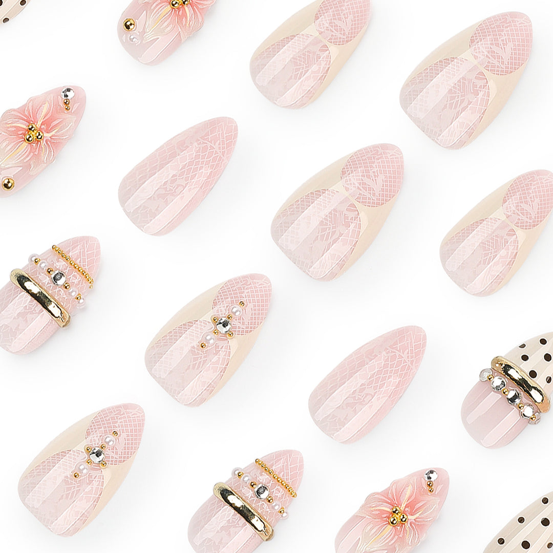 Artful Nail Extensions with Elegant Floral and Glitter Accents Bowlift