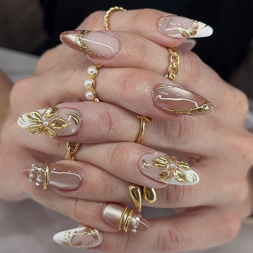 Artistic Press-On Nail Art Set with Elegant Floral Accents Bowlift
