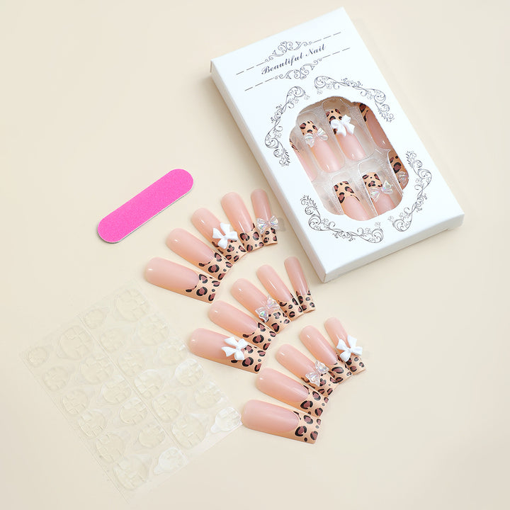 Decorative Press-On Nail Set with Chic Animal Print and Gem Accents Bowlift