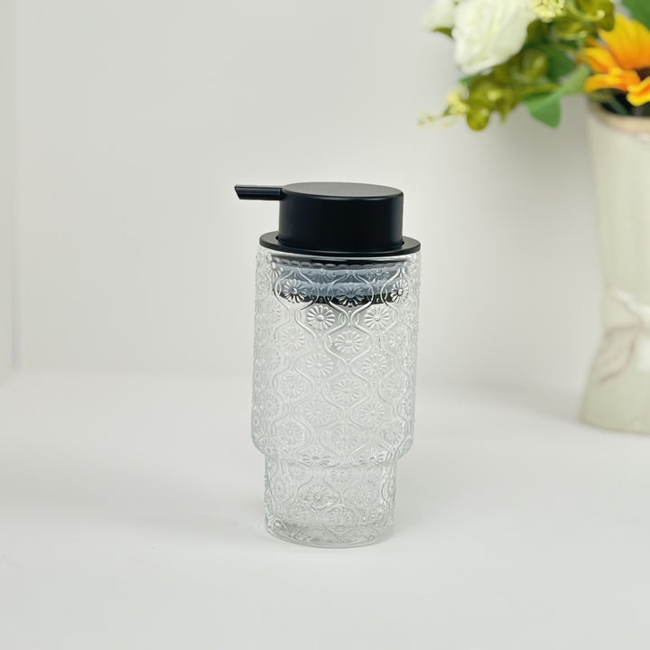 Embossed vintage glass vanity organizer set with pump dispenser and toothbrush cup Bowlift