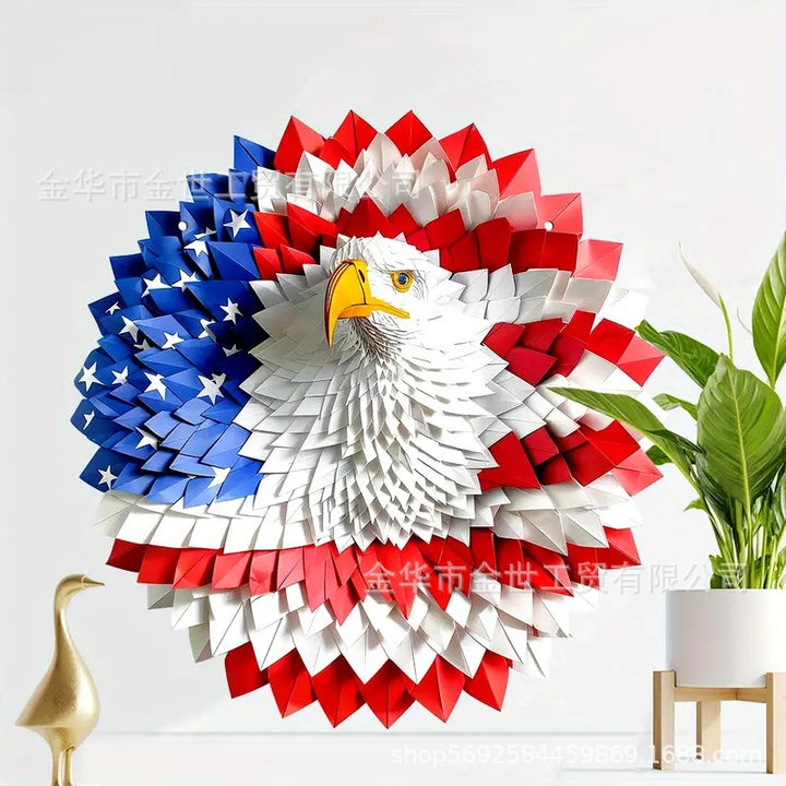 Independence Day rustic round wooden patriotic cross wall plaque with floral accents and God Bless America banner Bowlift