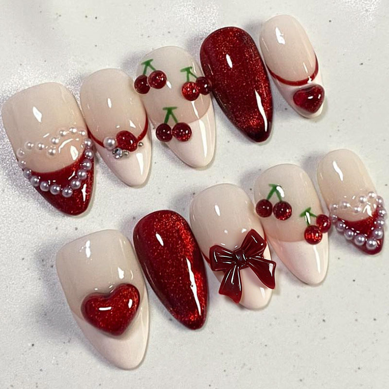 Decorative Press-On Nail Art Set with Heart and Bow Accents Bowlift