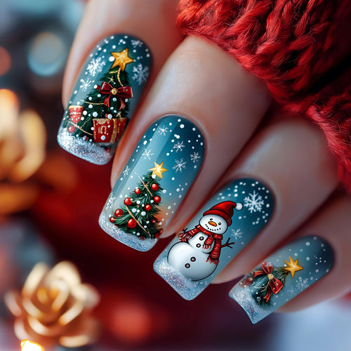 Artificial nails with festive Christmas tree and snowman motif Bowlift