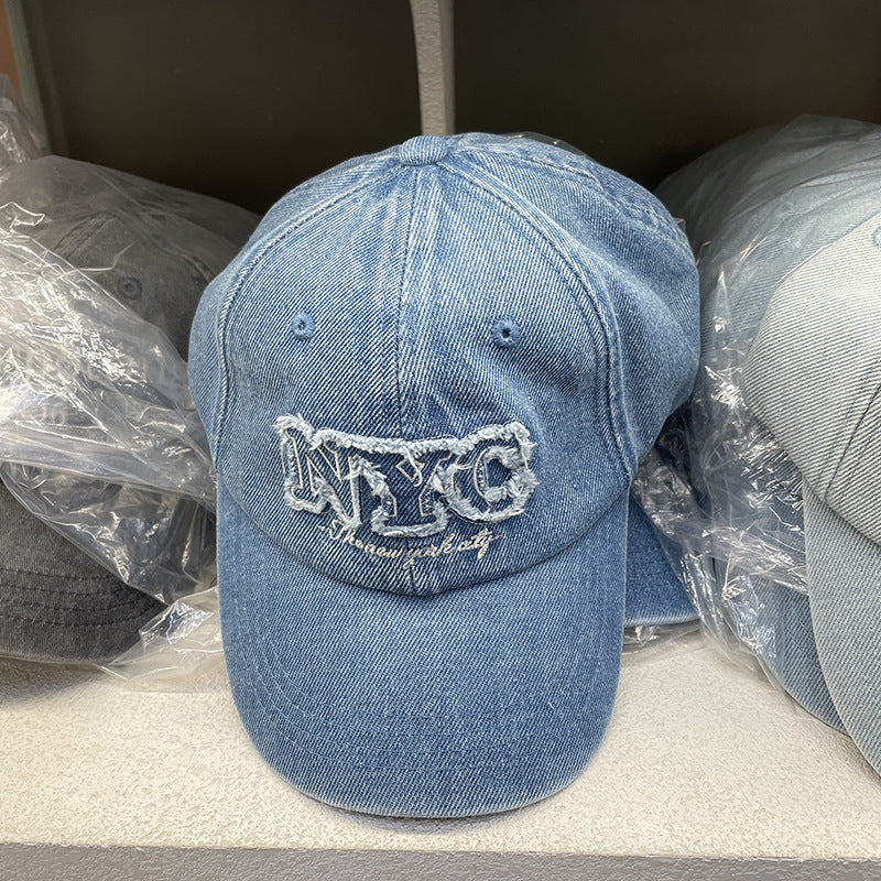 Unisex Distressed Denim Cap with NYC Embroidery Bowlift