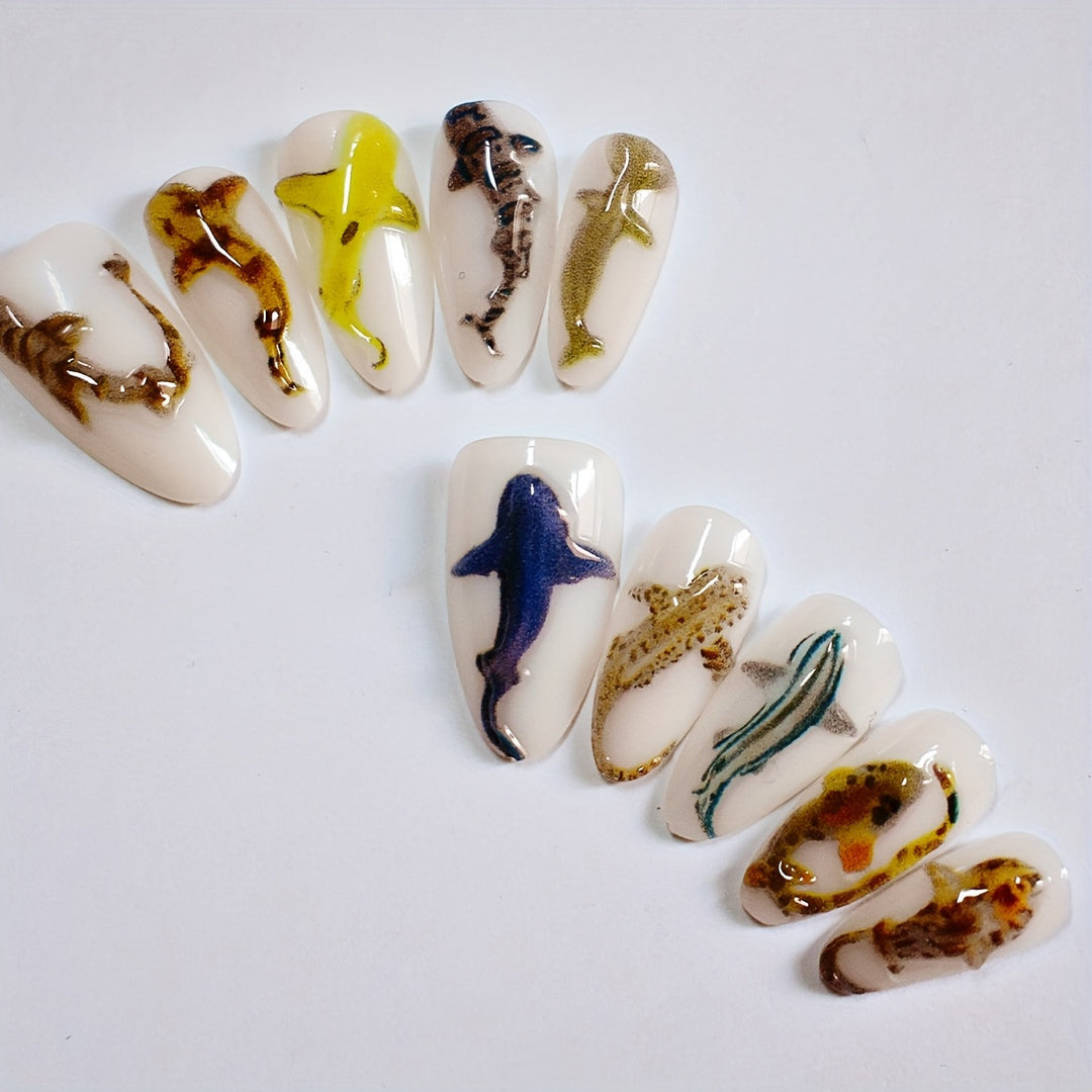 Artistic Shark-Themed Press-On Nail Art Bowlift