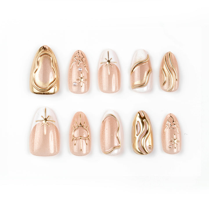 Artistic Press-On Nail Set with Elegant Gold Accents Bowlift