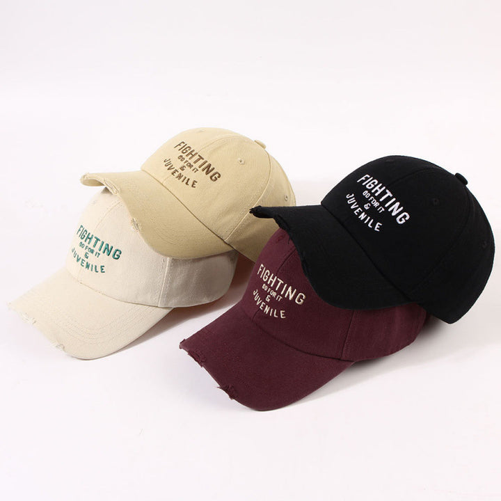 Women's Distressed Cotton Cap with Motivational Embroidery Bowlift