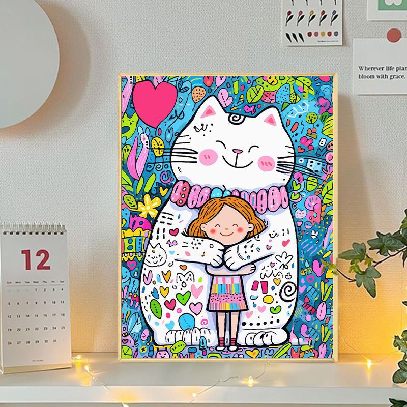 Playful Cat and Girl Illustration Canvas Art Bowlift