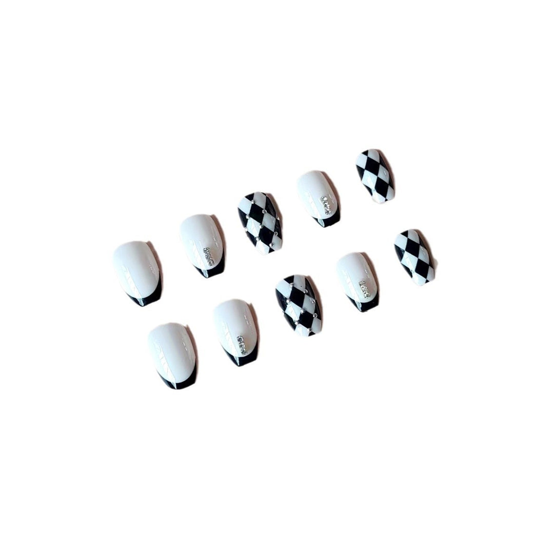 Acrylic Nail Set with Creative Checkerboard Design and Sparkling Accents Bowlift