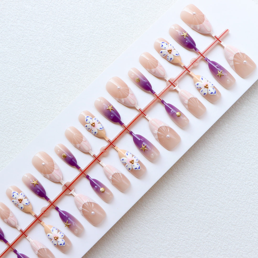 Decorative Press-On Nail Art Set with Floral and Ocean Themes Bowlift