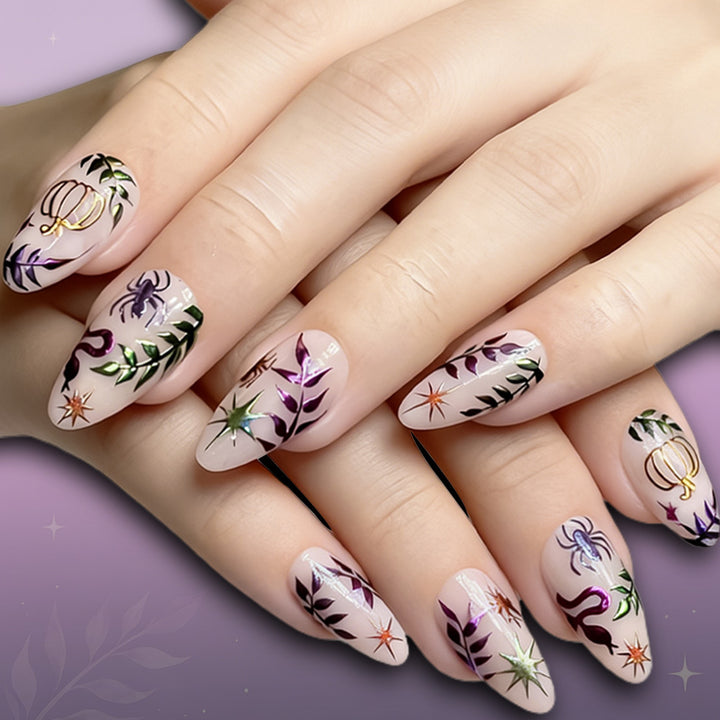 Artistic Press-On Nail Set with Halloween-Inspired Designs Bowlift