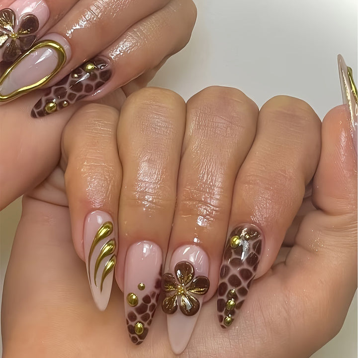 Artistic Press-On Nail Set with 3D Floral Accents Bowlift