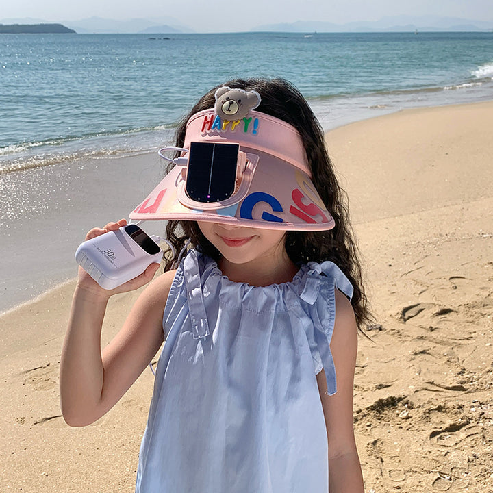 Adjustable children sun visor with integrated mini fan and extra wide brim Bowlift
